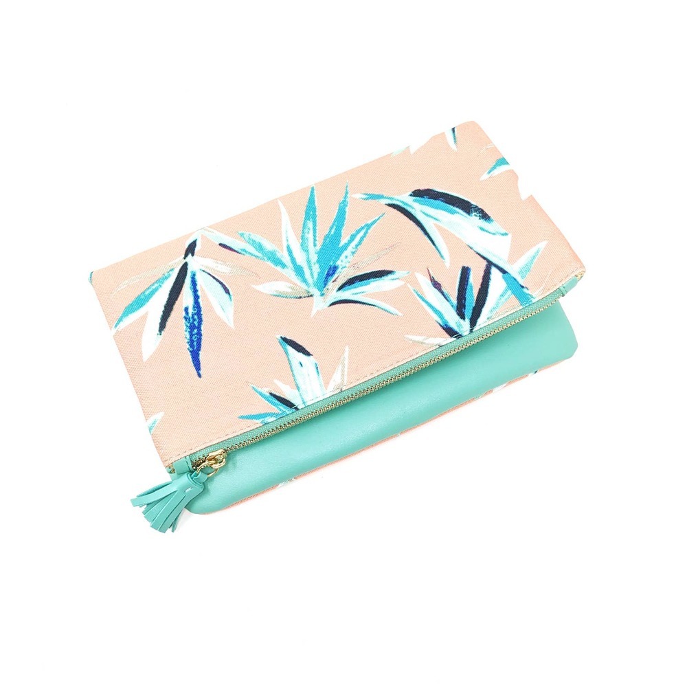 Rachel Pally Reversible Foldover Clutch Tropical Palm Leaves Zip Mint Pink